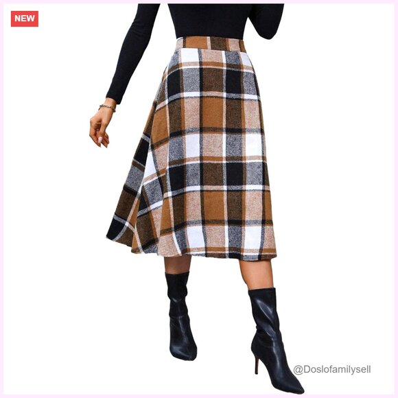 High Waist Wool A-Line Midi Skirt Knee Length Tartan Plaid